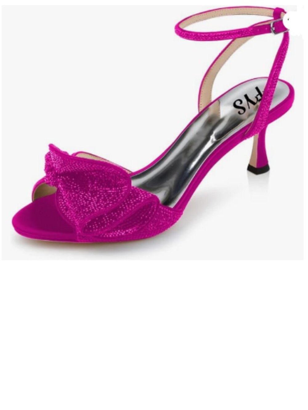 FYS Fuchsia Rhinestones Bow Peep Toe Mid Heel Ankle Strap Sandals Satin Shoes